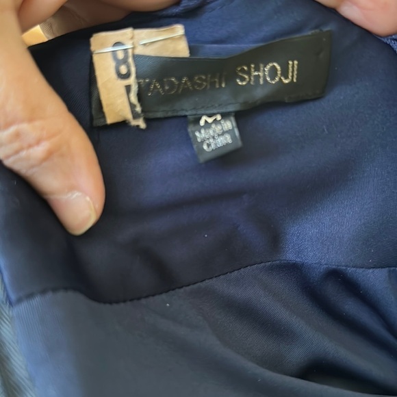 Tadashi Shoji Asymmetrical Navy Mesh Gown Dress SzM - Picture 2 of 8